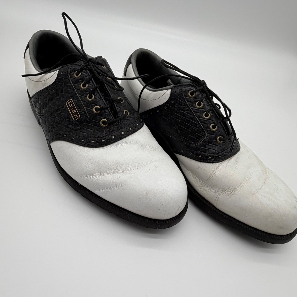 FootJoy DryJoys Mens 10 M Golf Shoes White Black Saddle Leather Spiked 53407